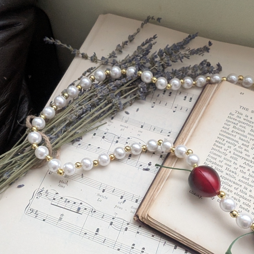 Faux Pearl and Red Cherry Bead Necklace - Picture 6 of 9